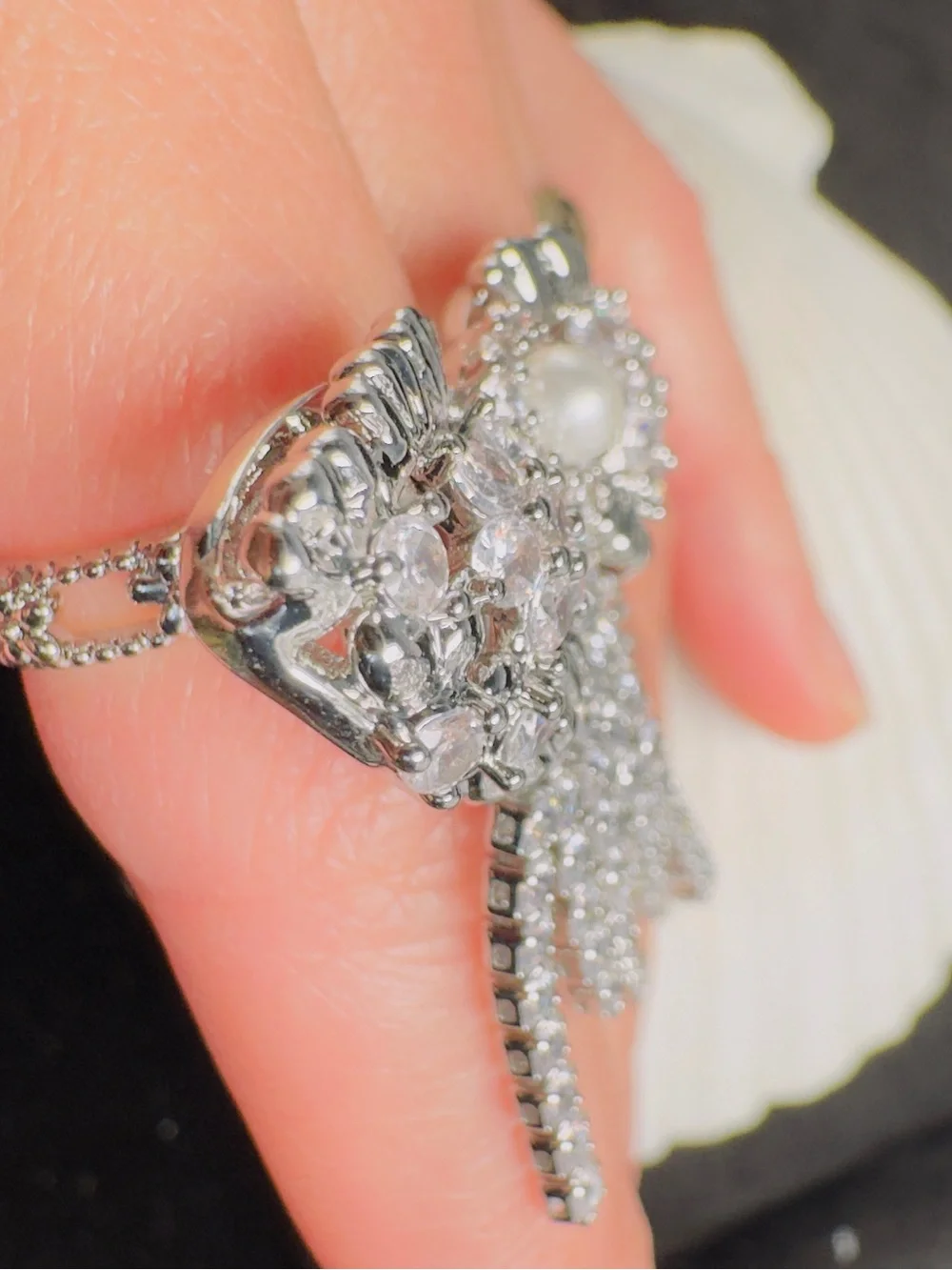 Silver-Tone Crystal & Pearl Fringe Ring - Sparkling White